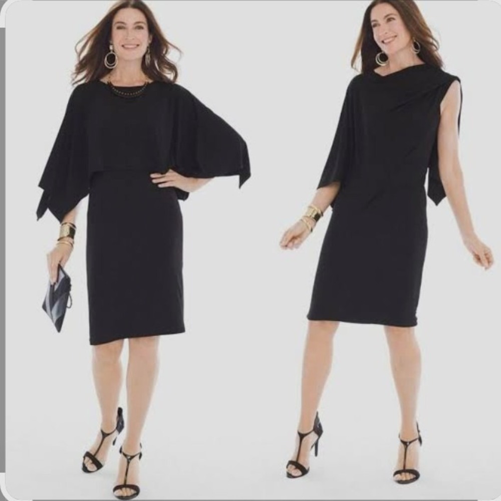 Chicos Black Convertible Cape Sheath Dress 3-Way Multi Style Size 0 Small NEW